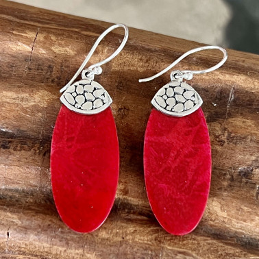 ER 15489 CR-(HANDMADE 925 BALI STERLING SILVER FILIGREE EARRINGS WITH CORAL)